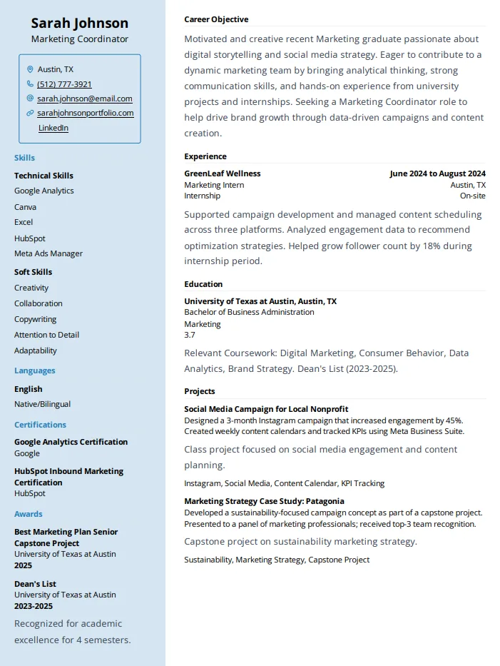 Exemple de CV de diplômé récent en marketing pour rôle de coordinateur marketing avec compétences, expérience et éducation